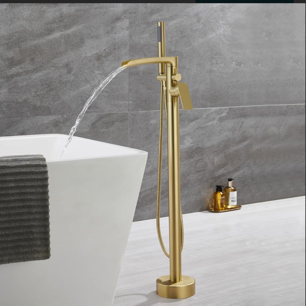 Gold Floor-Mount Bathtub Faucet with Hand Shower